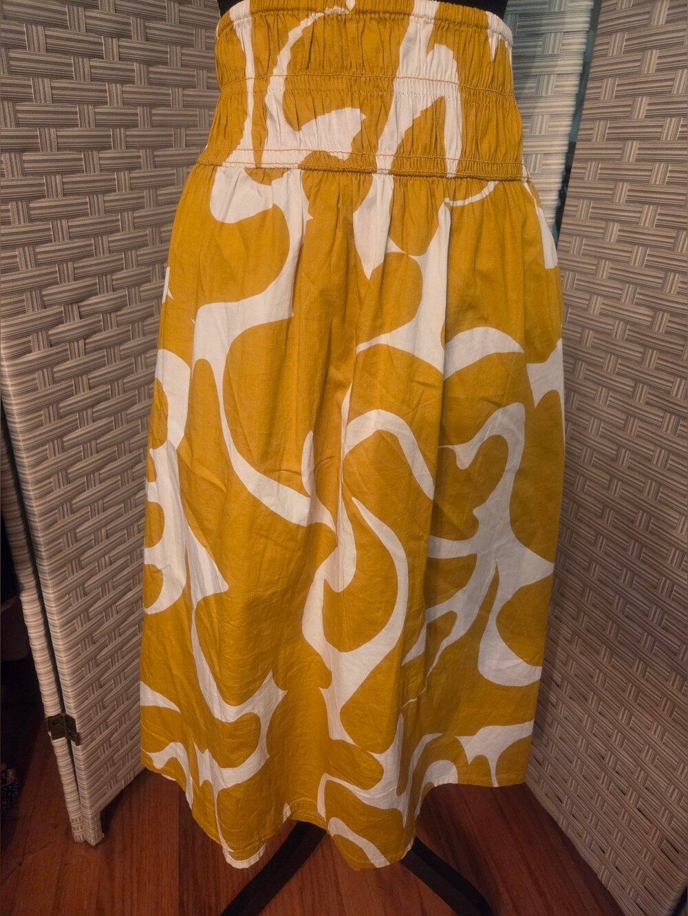 a new day Mustard Yellow & White Abstract Print Midi Skirt